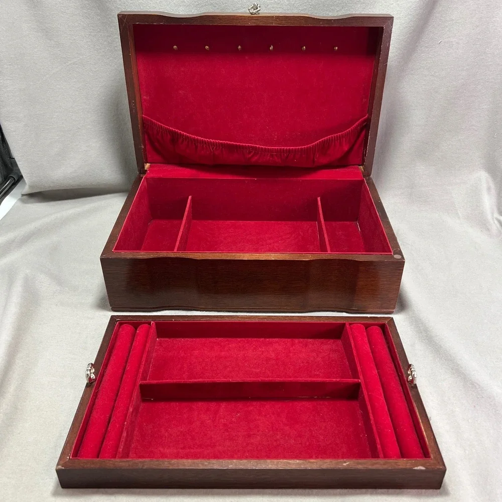 Vintage Wooden Jewelry Box Chest Red Velvet Lining Removable Tray Necklace Hooks